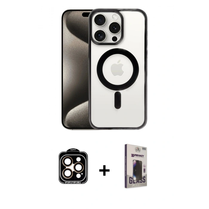 MARSİLYAN™- iPhone 15 Pro Max Kılıf Siluet Çizgi Serisi - Siyah Bilvis Hayalet Cam Ekran Koruyucu + PVD Metal Kamera Lens - TU