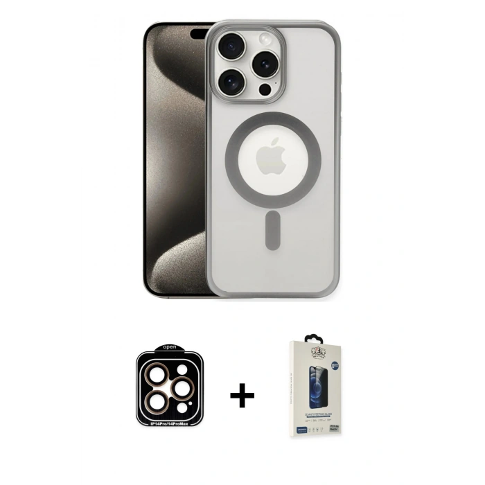 MARSİLYAN™- iPhone 15 Pro Max Kılıf Siluet Çizgi Serisi - Siyah Bilvis Hayalet Cam Ekran Koruyucu + Turuncu PVD Metal Kamera Lens