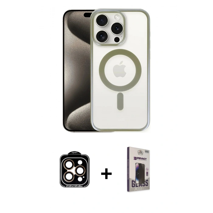 MARSİLYAN™- iPhone 15 Pro Max Kılıf Siluet Çizgi Serisi - Siyah Bilvis Hayalet Cam Ekran Koruyucu + PVD Metal Kamera Lens - TU