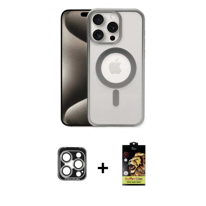 MARSİLYAN™- iPhone 15 Pro Max Kılıf Siluet Çizgi Serisi - Siyah Buffer Cam Ekran Koruyucu + PVD Metal Kamera Lens - GS
