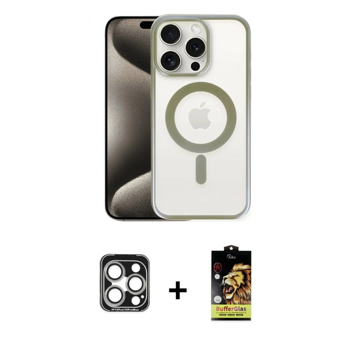 MARSİLYAN™- iPhone 15 Pro Max Kılıf Siluet Çizgi Serisi - Siyah Buffer Cam Ekran Koruyucu + PVD Metal Kamera Lens - GS