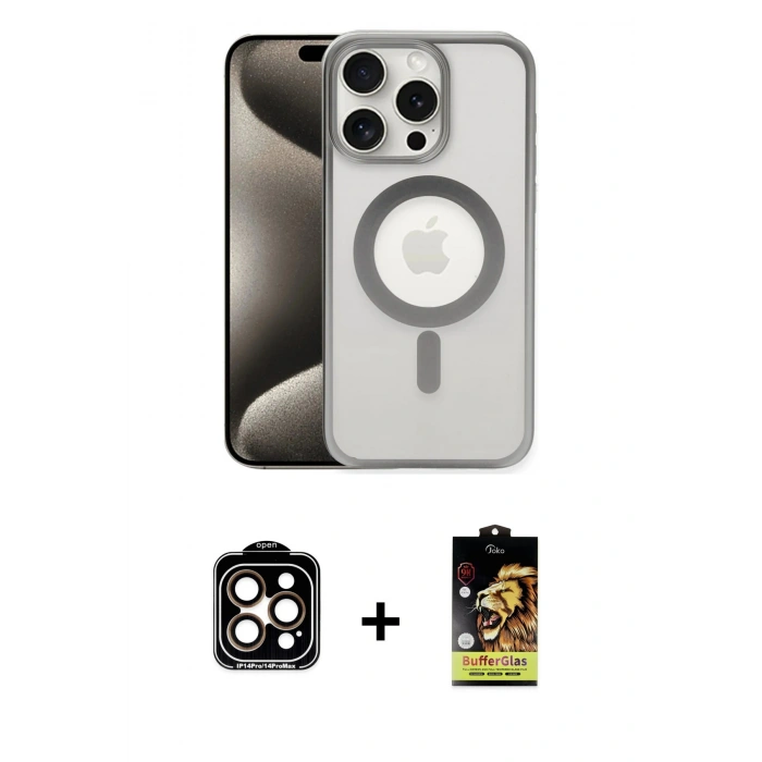 MARSİLYAN™- iPhone 15 Pro Max Kılıf Siluet Çizgi Serisi - Siyah Buffer Cam Ekran Koruyucu + PVD Metal Kamera Lens - TU
