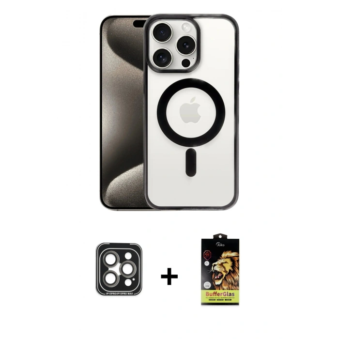 MARSİLYAN™- iPhone 15 Pro Max Kılıf Siluet Çizgi Serisi - Siyah Buffer Cam Ekran Koruyucu + PVD Metal Kamera Lens - GI