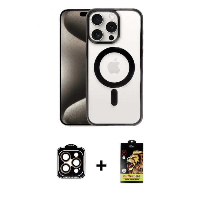 MARSİLYAN™- iPhone 15 Pro Max Kılıf Siluet Çizgi Serisi - Siyah Buffer Cam Ekran Koruyucu + PVD Metal Kamera Lens - TU
