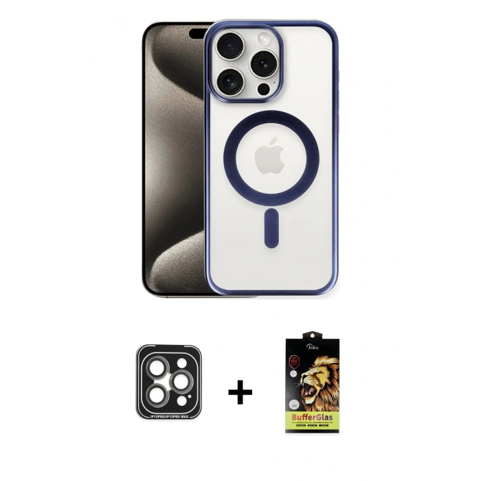 MARSİLYAN™- iPhone 15 Pro Max Kılıf Siluet Çizgi Serisi - Siyah Buffer Cam Ekran Koruyucu + PVD Metal Kamera Lens - GI