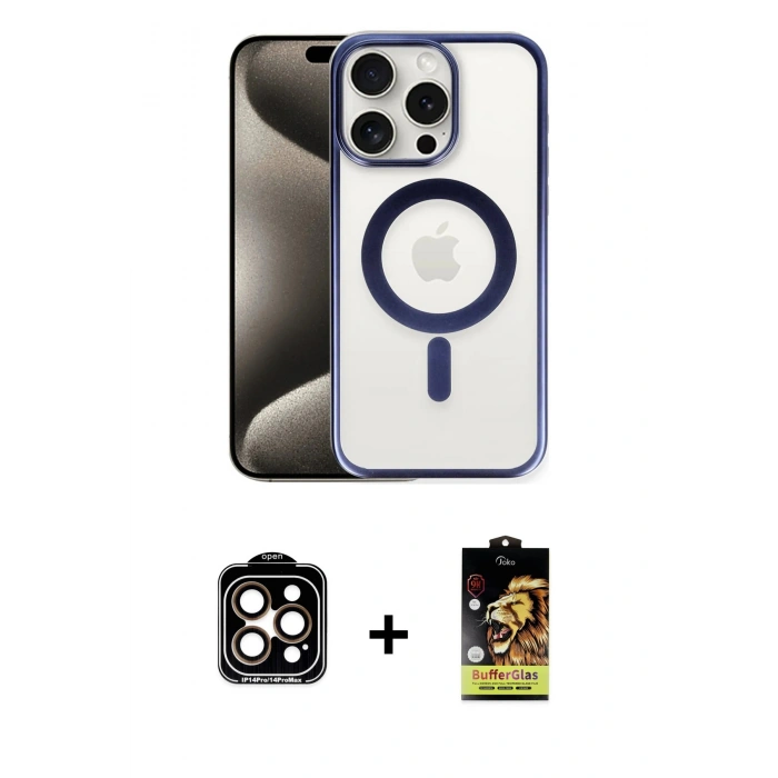 MARSİLYAN™- iPhone 15 Pro Max Kılıf Siluet Çizgi Serisi - Siyah Buffer Cam Ekran Koruyucu + PVD Metal Kamera Lens - TU