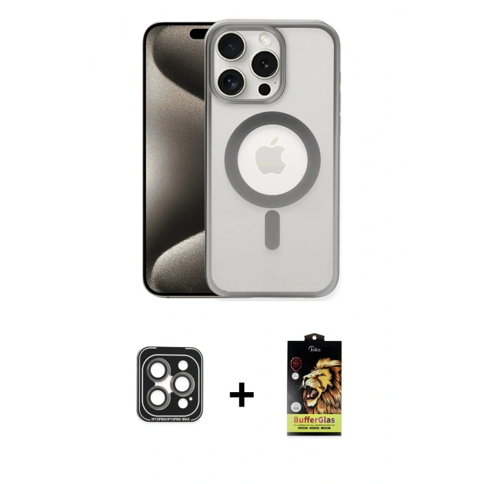 MARSİLYAN™- iPhone 15 Pro Max Kılıf Siluet Çizgi Serisi - Siyah Buffer Cam Ekran Koruyucu + PVD Metal Kamera Lens - GI