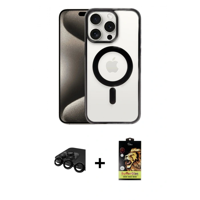 MARSİLYAN™- iPhone 15 Pro Max Kılıf Siluet Çizgi Serisi - Siyah Buffer Cam Ekran Koruyucu + Raze Metal Kamera Lens - SH