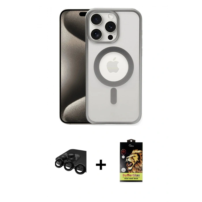 MARSİLYAN™- iPhone 15 Pro Max Kılıf Siluet Çizgi Serisi - Siyah Buffer Cam Ekran Koruyucu + Raze Metal Kamera Lens - SH