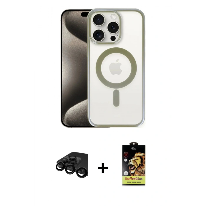 MARSİLYAN™- iPhone 15 Pro Max Kılıf Siluet Çizgi Serisi - Siyah Buffer Cam Ekran Koruyucu + Raze Metal Kamera Lens - SH