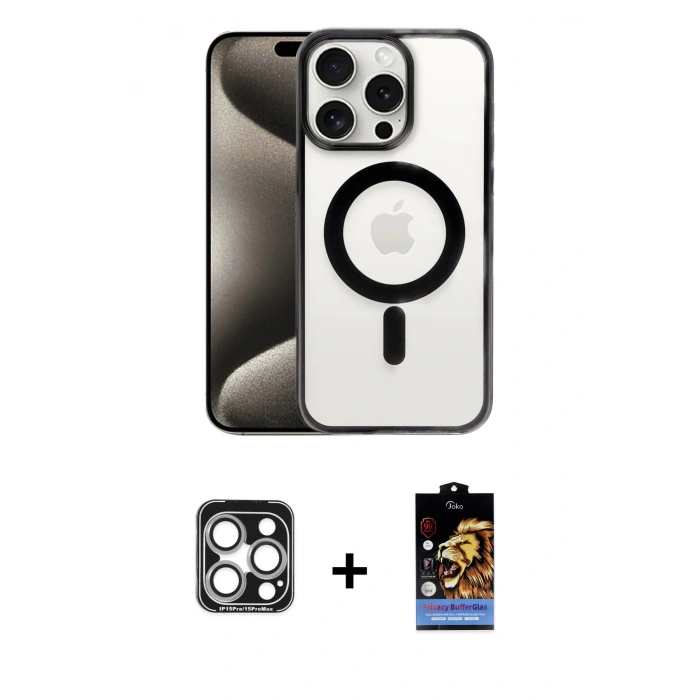 MARSİLYAN™- iPhone 15 Pro Max Kılıf Siluet Çizgi Serisi - Siyah Buffer Hayalet Cam Ekran Koruyucu + PVD Metal Kamera Lens - GS