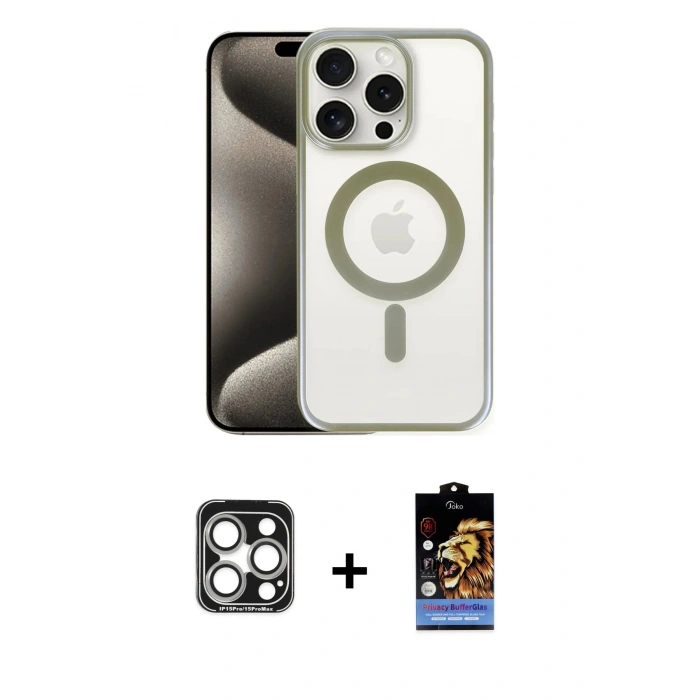 MARSİLYAN™- iPhone 15 Pro Max Kılıf Siluet Çizgi Serisi - Siyah Buffer Hayalet Cam Ekran Koruyucu + PVD Metal Kamera Lens - GS