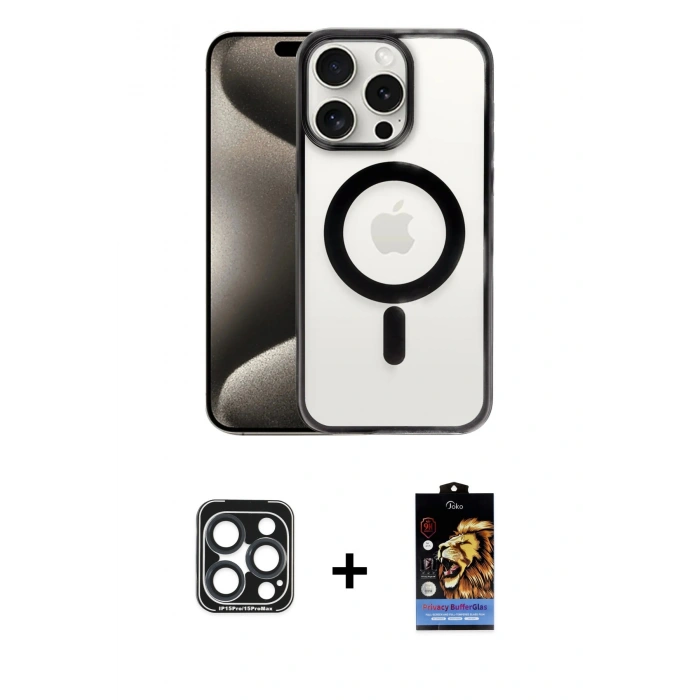 MARSİLYAN™- iPhone 15 Pro Max Kılıf Siluet Çizgi Serisi - Siyah Buffer Hayalet Cam Ekran Koruyucu + Lacivert PVD Metal Kamera Lens