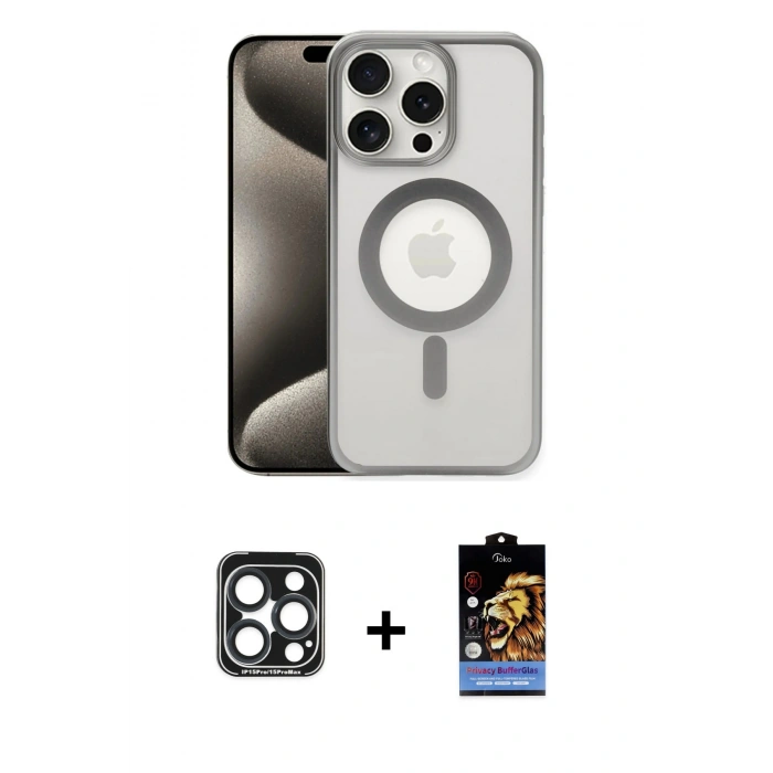 MARSİLYAN™- iPhone 15 Pro Max Kılıf Siluet Çizgi Serisi - Siyah Buffer Hayalet Cam Ekran Koruyucu + Lacivert PVD Metal Kamera Lens