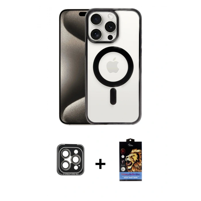 MARSİLYAN™- iPhone 15 Pro Max Kılıf Siluet Çizgi Serisi - Siyah Buffer Hayalet Cam Ekran Koruyucu + PVD Metal Kamera Lens - GI