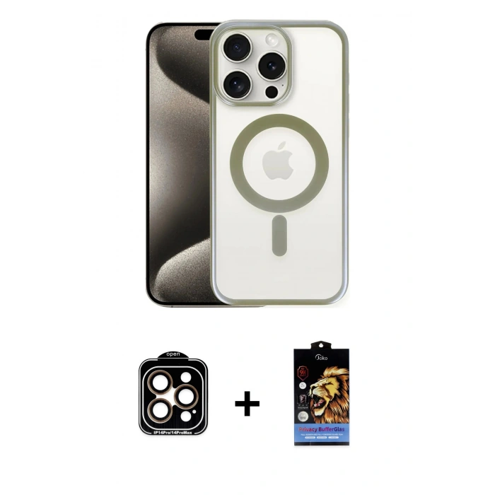 MARSİLYAN™- iPhone 15 Pro Max Kılıf Siluet Çizgi Serisi - Siyah Buffer Hayalet Cam Ekran Koruyucu + PVD Metal Kamera Lens - TU