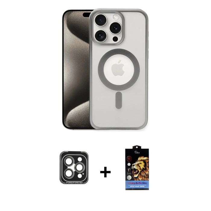MARSİLYAN™- iPhone 15 Pro Max Kılıf Siluet Çizgi Serisi - Siyah Buffer Hayalet Cam Ekran Koruyucu + PVD Metal Kamera Lens - GI