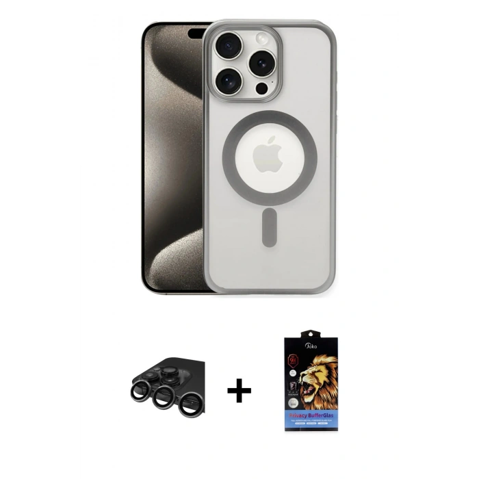 MARSİLYAN™- iPhone 15 Pro Max Kılıf Siluet Çizgi Serisi - Siyah Buffer Hayalet Cam Ekran Koruyucu + Raze Metal Kamera Lens - TMGI