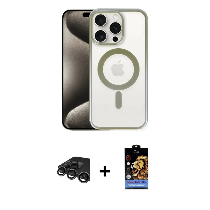 MARSİLYAN™- iPhone 15 Pro Max Kılıf Siluet Çizgi Serisi - Siyah Buffer Hayalet Cam Ekran Koruyucu + Raze Metal Kamera Lens - TMGI