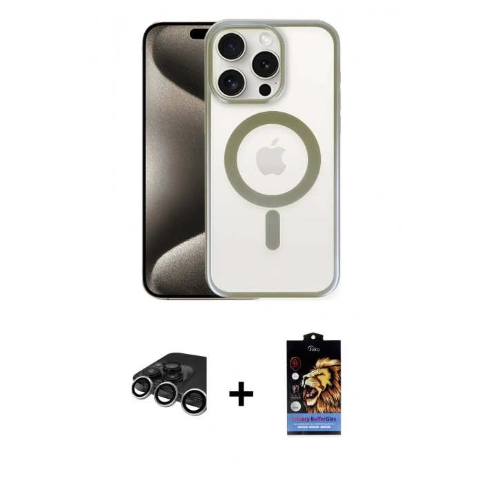 MARSİLYAN™- iPhone 15 Pro Max Kılıf Siluet Çizgi Serisi - Siyah Buffer Hayalet Cam Ekran Koruyucu + Raze Metal Kamera Lens - GS