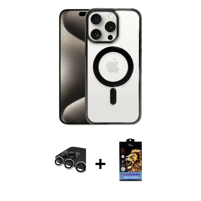 MARSİLYAN™- iPhone 15 Pro Max Kılıf Siluet Çizgi Serisi - Siyah Buffer Hayalet Cam Ekran Koruyucu + Raze Metal Kamera Lens - GS
