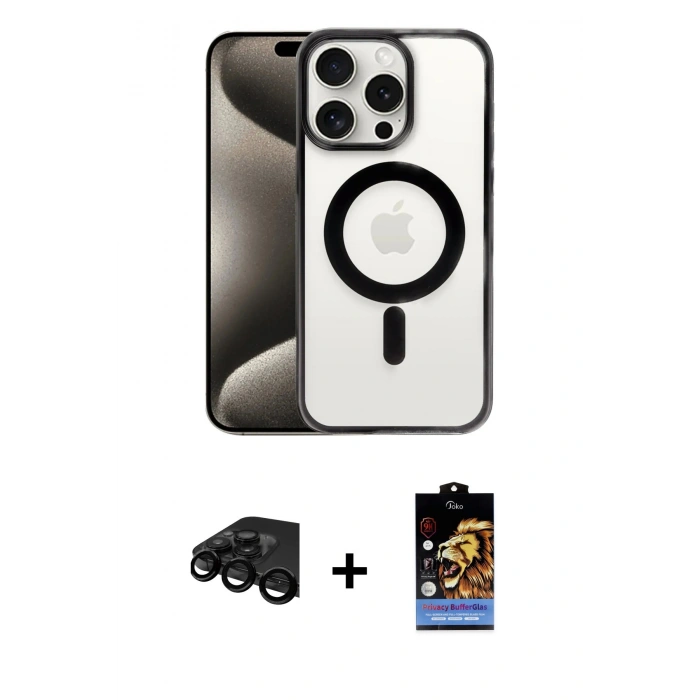 MARSİLYAN™- iPhone 15 Pro Max Kılıf Siluet Çizgi Serisi - Siyah Buffer Hayalet Cam Ekran Koruyucu + Raze Metal Kamera Lens - SH