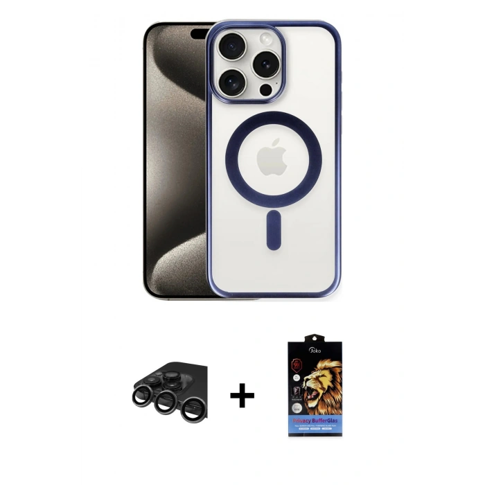 MARSİLYAN™- iPhone 15 Pro Max Kılıf Siluet Çizgi Serisi - Siyah Buffer Hayalet Cam Ekran Koruyucu + Raze Metal Kamera Lens - TMGI