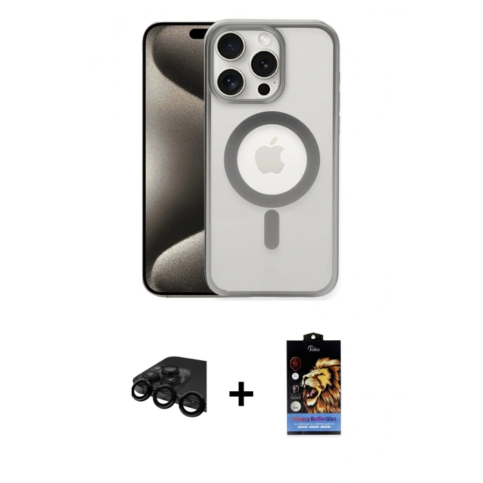 MARSİLYAN™- iPhone 15 Pro Max Kılıf Siluet Çizgi Serisi - Siyah Buffer Hayalet Cam Ekran Koruyucu + Raze Metal Kamera Lens - SH