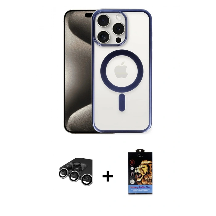 MARSİLYAN™- iPhone 15 Pro Max Kılıf Siluet Çizgi Serisi - Siyah Buffer Hayalet Cam Ekran Koruyucu + Raze Metal Kamera Lens - GS