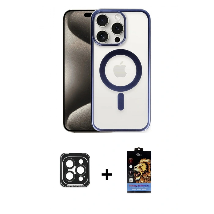 MARSİLYAN™- iPhone 15 Pro Max Kılıf Siluet Çizgi Serisi - Siyah Buffer Hayalet Cam Ekran Koruyucu + Siyah PVD Metal Kamera Lens