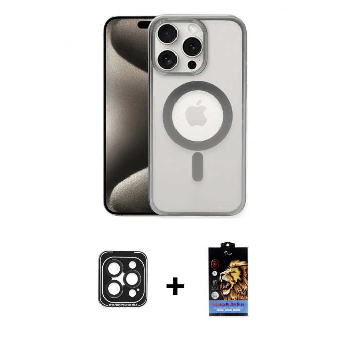MARSİLYAN™- iPhone 15 Pro Max Kılıf Siluet Çizgi Serisi - Siyah Buffer Hayalet Cam Ekran Koruyucu + Siyah PVD Metal Kamera Lens