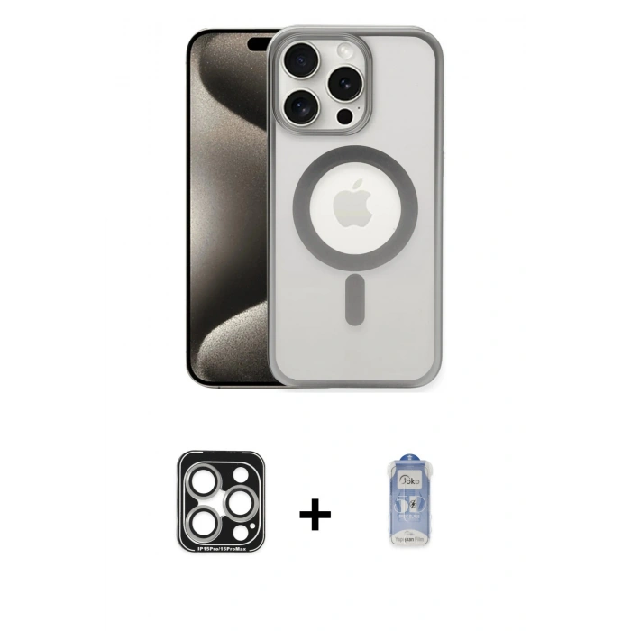 MARSİLYAN™- iPhone 15 Pro Max Kılıf Siluet Çizgi Serisi - Siyah Joko Magic 5D Cam + PVD Metal Kamera Lens - GS