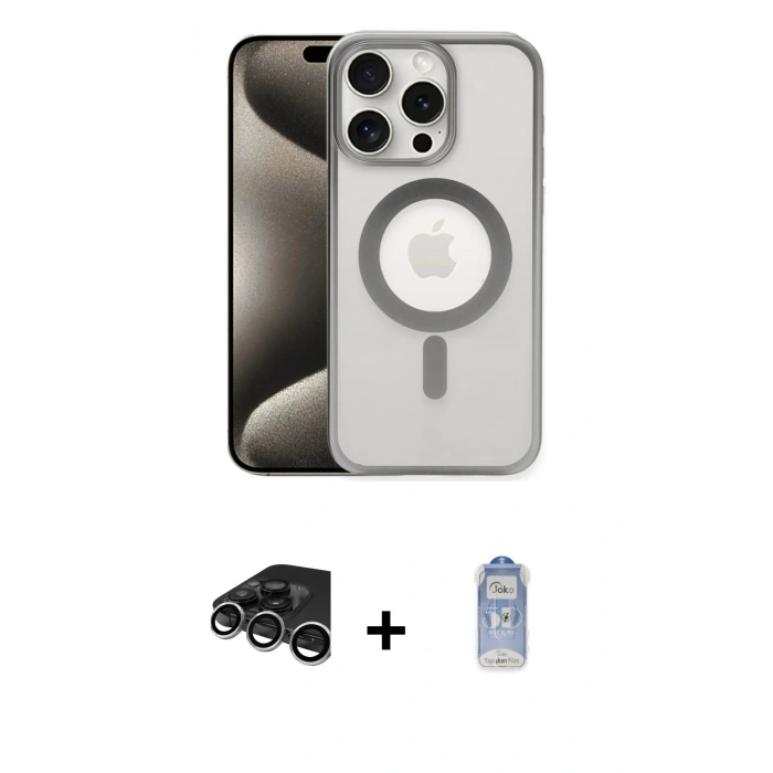MARSİLYAN™- iPhone 15 Pro Max Kılıf Siluet Çizgi Serisi - Siyah Joko Magic 5D Cam + Raze Metal Kamera Lens - GS