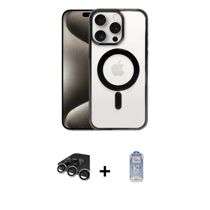 MARSİLYAN™- iPhone 15 Pro Max Kılıf Siluet Çizgi Serisi - Siyah Joko Magic 5D Cam + Raze Metal Kamera Lens - GS