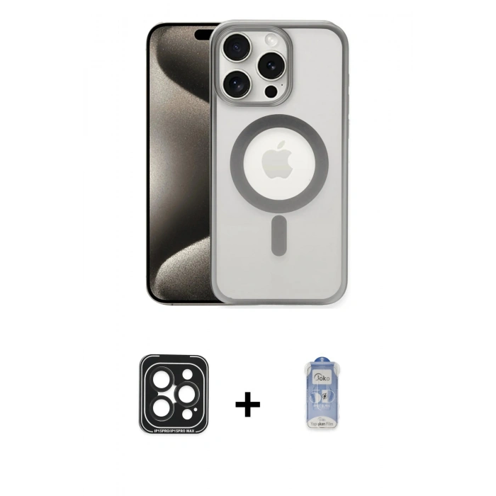 MARSİLYAN™- iPhone 15 Pro Max Kılıf Siluet Çizgi Serisi - Siyah Joko Magic 5D Cam + PVD Metal Kamera Lens - SH