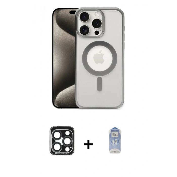 MARSİLYAN™- iPhone 15 Pro Max Kılıf Siluet Çizgi Serisi - Siyah Joko Magic 5D Cam + PVD Metal Kamera Lens - LT
