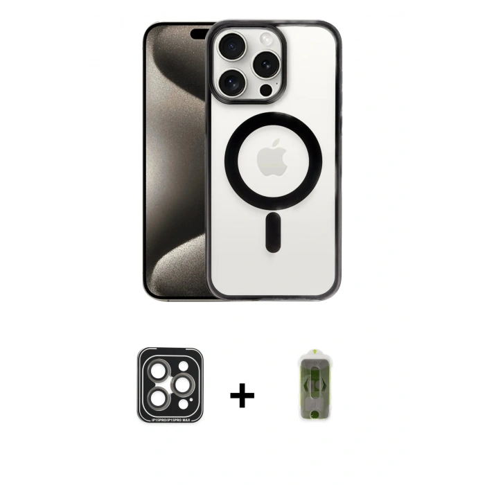 MARSİLYAN™- iPhone 15 Pro Max Kılıf Siluet Çizgi Serisi - Siyah Joko Magic 5D Hayalet Cam + PVD Metal Kamera Lens - GI