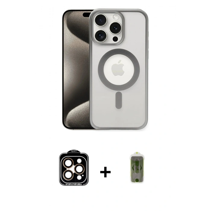 MARSİLYAN™- iPhone 15 Pro Max Kılıf Siluet Çizgi Serisi - Siyah Joko Magic 5D Hayalet Cam + PVD Metal Kamera Lens - TU