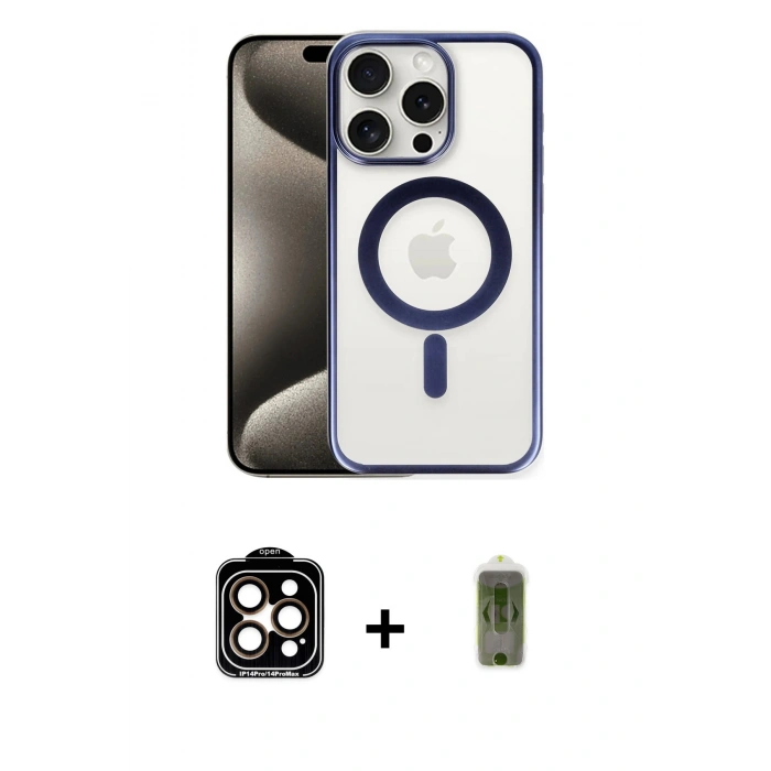 MARSİLYAN™- iPhone 15 Pro Max Kılıf Siluet Çizgi Serisi - Siyah Joko Magic 5D Hayalet Cam + PVD Metal Kamera Lens - TU