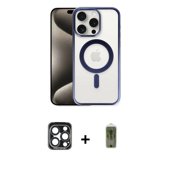 MARSİLYAN™- iPhone 15 Pro Max Kılıf Siluet Çizgi Serisi - Siyah Joko Magic 5D Hayalet Cam + PVD Metal Kamera Lens - LT