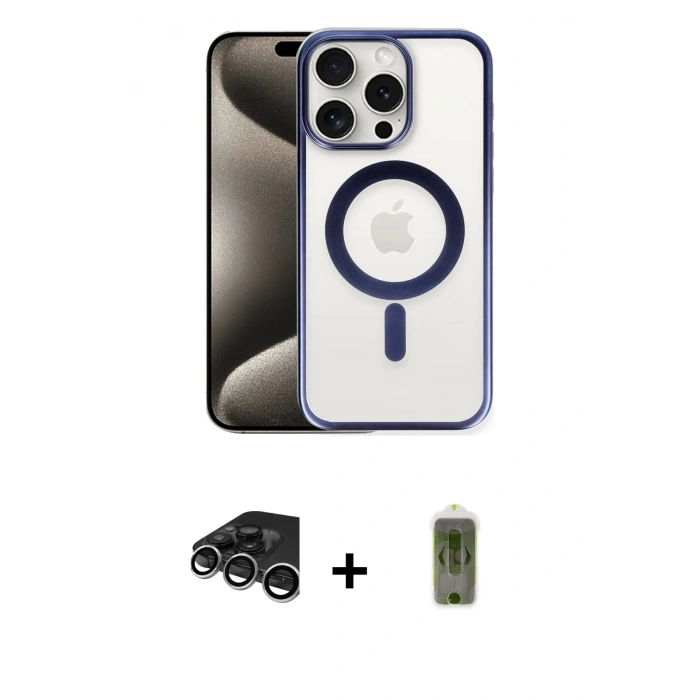 MARSİLYAN™- iPhone 15 Pro Max Kılıf Siluet Çizgi Serisi - Siyah Joko Magic 5D Hayalet Cam + Raze Metal Kamera Lens - GS