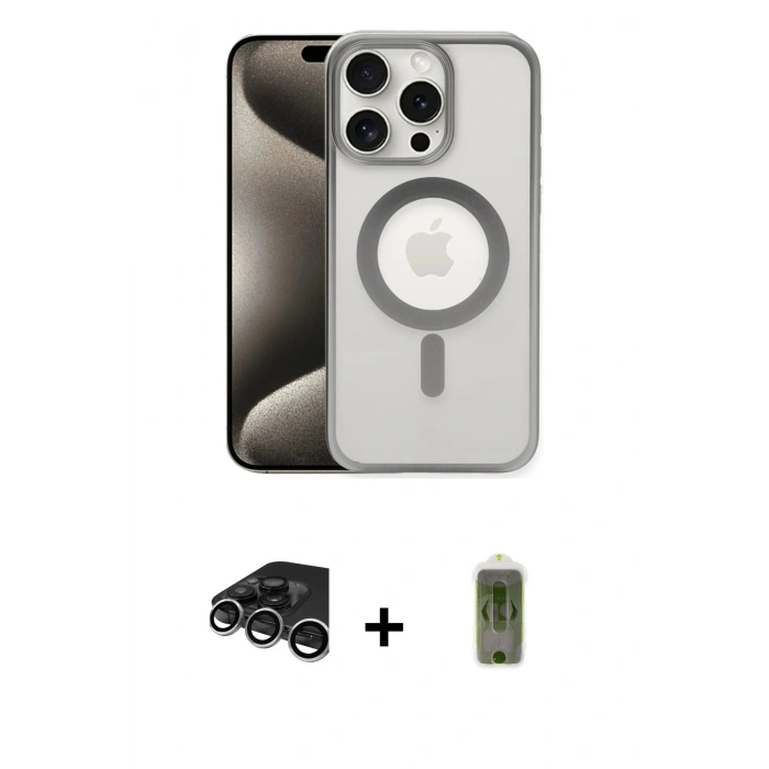 MARSİLYAN™- iPhone 15 Pro Max Kılıf Siluet Çizgi Serisi - Siyah Joko Magic 5D Hayalet Cam + Raze Metal Kamera Lens - GS