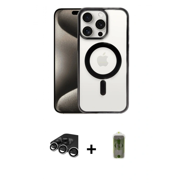 MARSİLYAN™- iPhone 15 Pro Max Kılıf Siluet Çizgi Serisi - Siyah Joko Magic 5D Hayalet Cam + Raze Metal Kamera Lens - GS