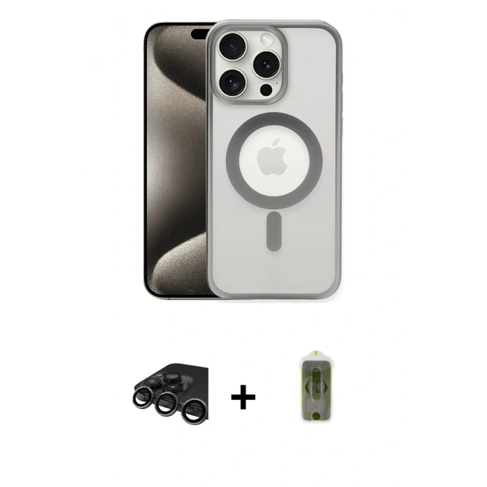 MARSİLYAN™- iPhone 15 Pro Max Kılıf Siluet Çizgi Serisi - Siyah Joko Magic 5D Hayalet Cam + Raze Metal Kamera Lens - TMGI