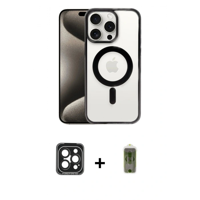 MARSİLYAN™- iPhone 15 Pro Max Kılıf Siluet Çizgi Serisi - Siyah Joko Magic 5D Hayalet Cam + Siyah PVD Metal Kamera Lens