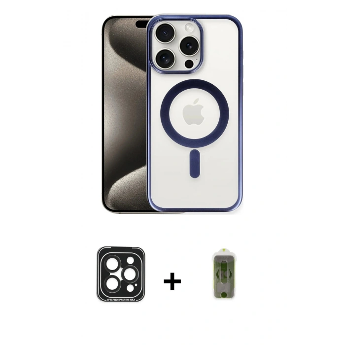 MARSİLYAN™- iPhone 15 Pro Max Kılıf Siluet Çizgi Serisi - Siyah Joko Magic 5D Hayalet Cam + Siyah PVD Metal Kamera Lens