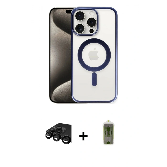 MARSİLYAN™- iPhone 15 Pro Max Kılıf Siluet Çizgi Serisi - Siyah Joko Magic 5D Hayalet Cam + Raze Metal Kamera Lens - SH
