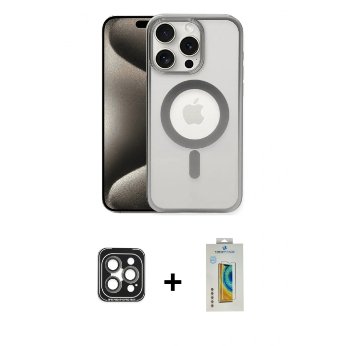 MARSİLYAN™- iPhone 15 Pro Max Kılıf Siluet Çizgi Serisi - Siyah Polymer Nano Ekran Koruyucu + PVD Metal Kamera Lens - GI