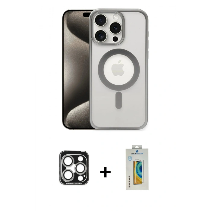 MARSİLYAN™- iPhone 15 Pro Max Kılıf Siluet Çizgi Serisi - Siyah Polymer Nano Ekran Koruyucu + PVD Metal Kamera Lens - GS