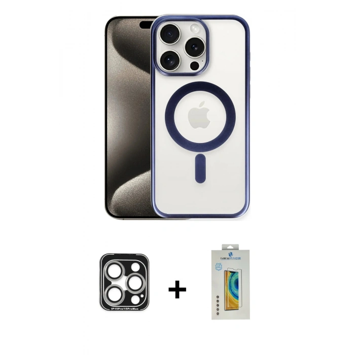MARSİLYAN™- iPhone 15 Pro Max Kılıf Siluet Çizgi Serisi - Siyah Polymer Nano Ekran Koruyucu + PVD Metal Kamera Lens - GS
